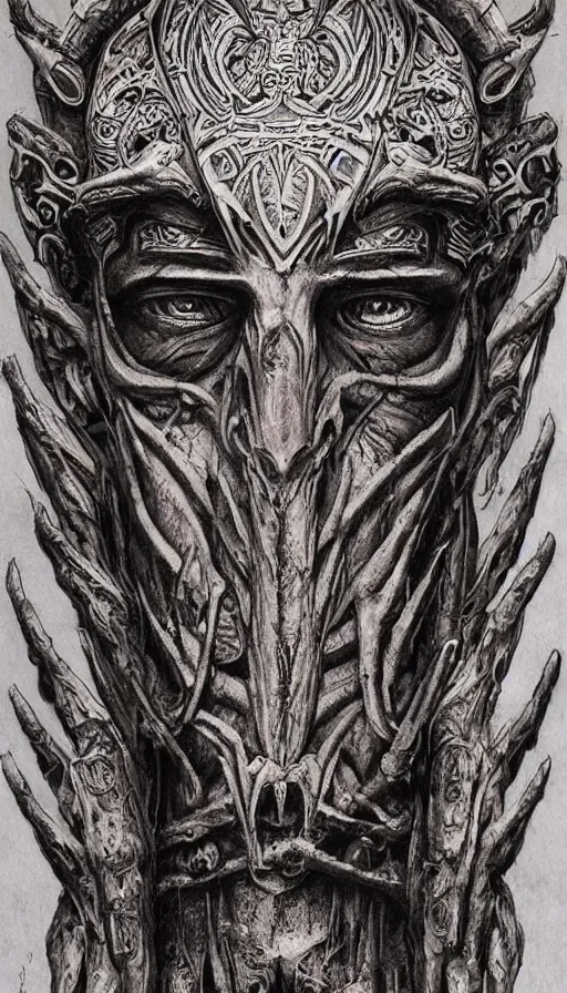 Prompt: immortal galactic emperor hybrid aztec fantasy beautiful angellic symmetrical human elven face skull mask tattoo pattern concept, teonanacatl glyph, intricate artwork by, Johnatan Wayshak, Zdizslaw Beksinski, face by Artgerm, H.R. Giger, very coherent artwork, cinematic, hyper realism, high detail, octane render, unreal engine, 8k, High contrast, higly detailed black ink outline, crosshatch sketch gradient