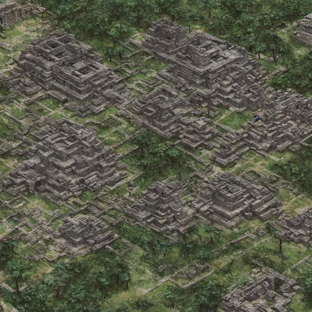 Image similar to Detailed map of ancient mayan ruins in a 2.5D video game, by Greg Rutkowski