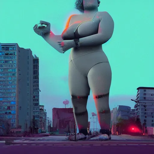 Prompt: a giant woman destroying a city, in the style of Beeple, 4k,