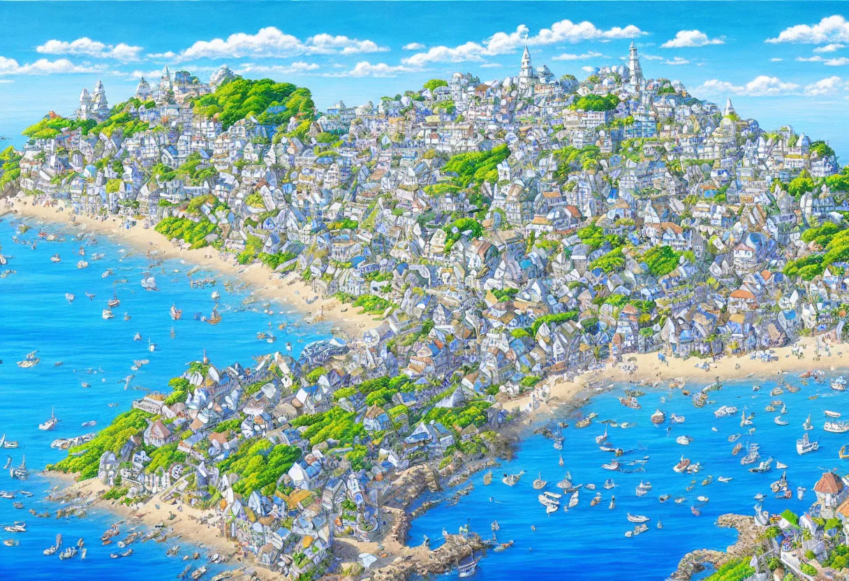 Image similar to a beautiful ultradetailed painting of a seaside town, sunny, close shot, studio ghibli sunlight, archdaily, wallpaper, highly detailed, trending on artstation