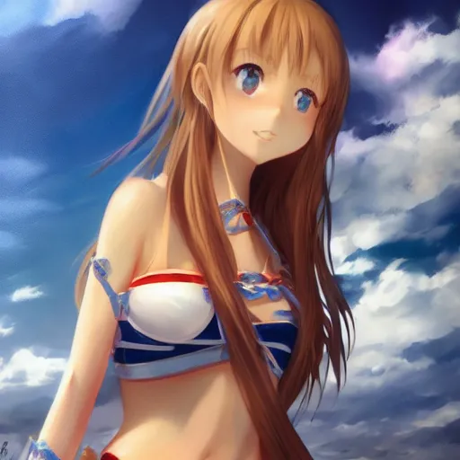 Image similar to a very beautiful young yuuki asuna, full body, long wavy blond hair, sky blue eyes, full round face,, bikini, miniskirt, front shot, highly detailed, cinematic wallpaper by stanley artgerm lau
