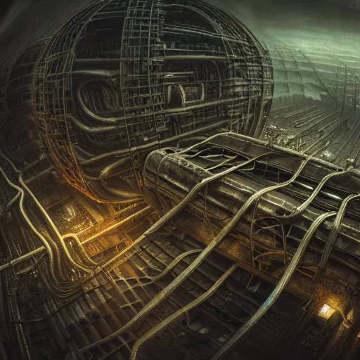 Image similar to futuristic dystopian endless, intricate, complex, labyrinthine, byzantine, tangled, industrial megafactory complex, smokestacks, pipelines and ducts and vents, matte painting, steampunk, smoke, night, gloomy, dark, dramatic, cinematic, volumetric lighting, gods eye view