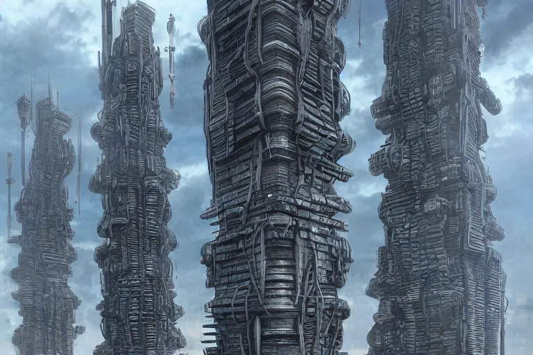 Image similar to monumental futuristic tower, hq of a cyberpunk corporation; by tsutomi nihei; hyperrealistic, highly detailed-H 1024