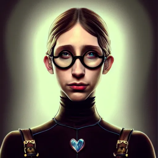 Prompt: in the style of pedro campos, diego fazio, artgerm, beautiful taissa farmiga, steampunk, elegant pose, middle shot waist up, symmetrical face symmetrical eyes, cinematic lighting, detailed realistic eyes, short neck, insanely detailed and intricate elegant