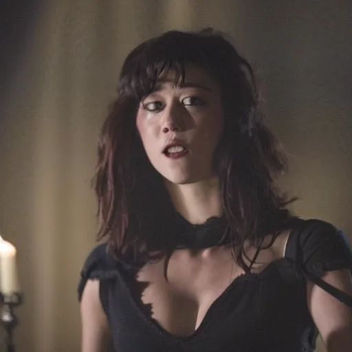 Prompt: mary elizabeth winstead as a vampire menacingly flashing her fangs in a gloomy gothic cathedral at night