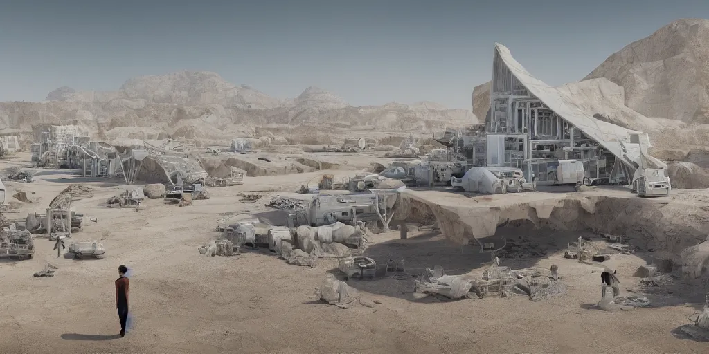 Prompt: perspective anthropocene render of a bioremediation white architecture in the mining tailing in the desert, smooth, rossdraws, norman rockwell, emiliano ponzi, epic composition, hd, octane, unreal engine, volumetric lighting, light rays, masterpiece, award - winning