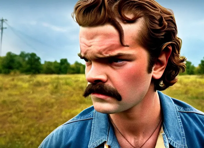 Image similar to film still of jim hopper as steve harrington in stranger things, 8 k