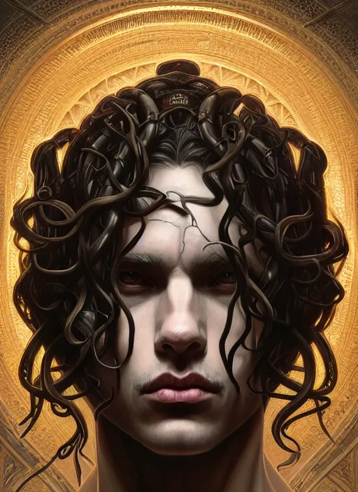 Image similar to symmetry!! portrait of a male version of medusa, gothic, dark, intricate, elegant, highly detailed, digital painting, artstation, concept art, smooth, sharp focus, illustration, art by artgerm and greg rutkowski and alphonse mucha