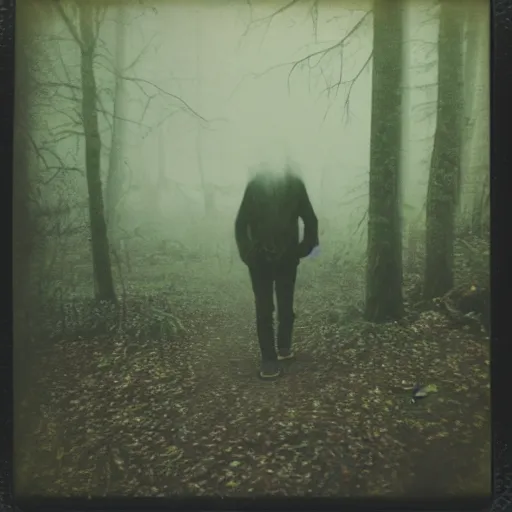 Prompt: old polaroid photo of a zombie walking in forest, mysterious, fog,