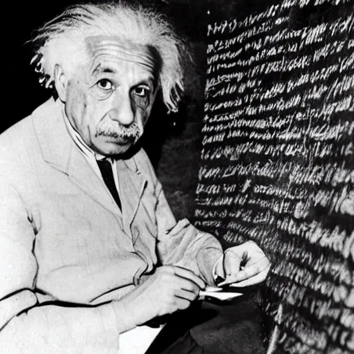 Image similar to Albert Einstein as a Neanderthal writing equations on a cave wall