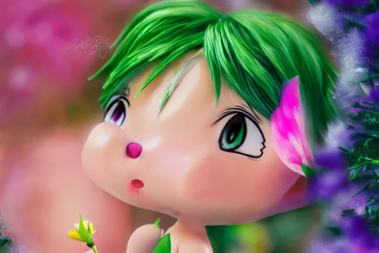 Image similar to (very small anime Tinker Bell) kissing a big flower, hyper realism, macro shot