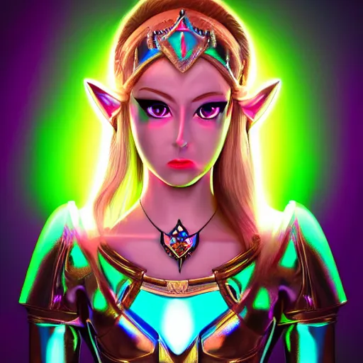 Prompt: princess zelda in a chrome futuristic style, neon accents, iridescent lighting, highly detailed 8k photo,