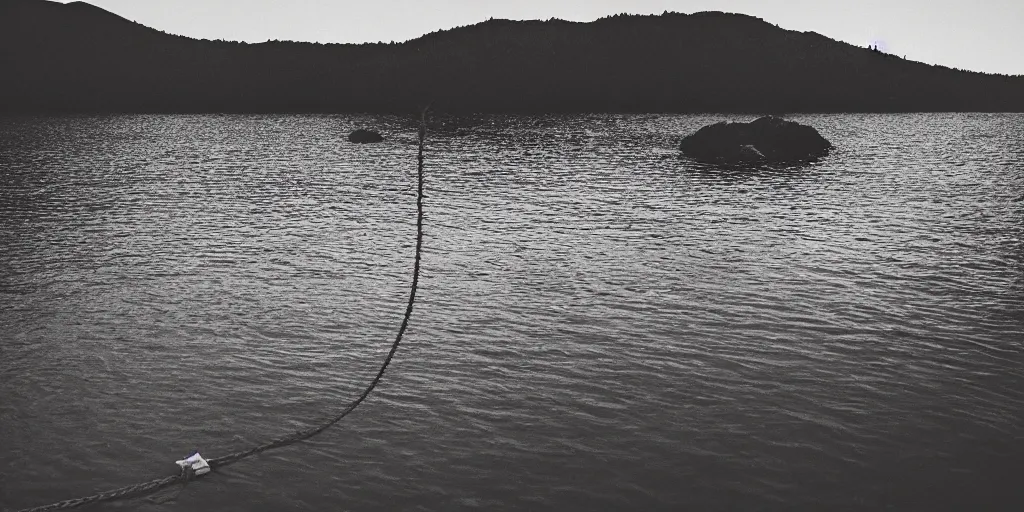 Prompt: cinematic shot of a lake with a rope floating in the middle, a rocky foreground, sunset, a bundle of rope is in the center of the lake, eerie vibe, leica, 2 4 mm lens, 3 5 mm kodak film, f / 2 2, anamorphic