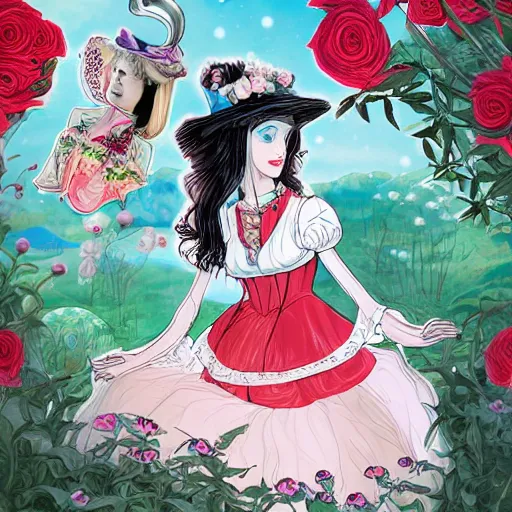 Prompt: Alice in Wonderland at the tea party, she looks like a mix of Grimes and zoë kravitz, very long fingernails, childlike, hair and dress billowing dramatically in the wind, wearing heaving stacks of pearl necklaces, surrounded by red and white roses, digital illustration, inspired by a stylistic blend of Aeon Flux, Japanese shoujo manga, and John singer Sargent paintings, hyper detailed, dreamlike, otherworldly and ethereal!!!!! delicate, flower petals, super photorealistic!! extremely fine inking lines, gradient colors