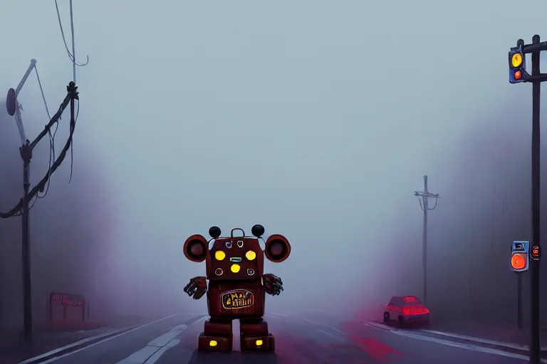 Image similar to a giant freddy fazbear robot animatronic bear in the middle of a foggy street, award - winning art by simon stalenhag, trending on artstation