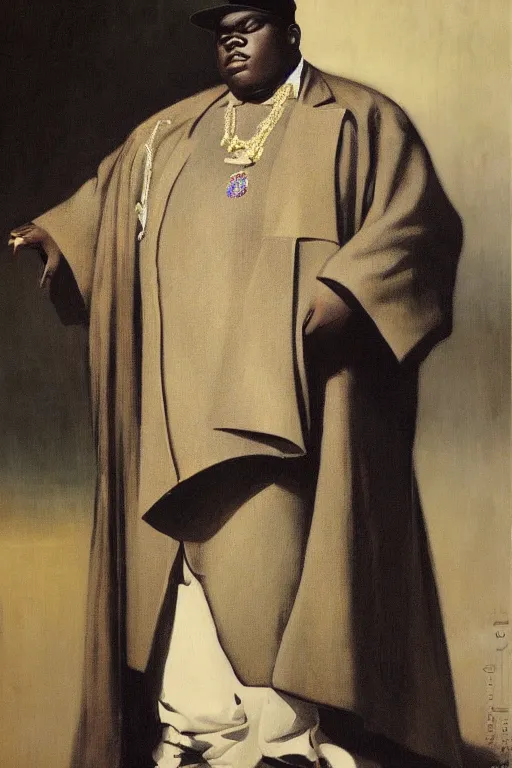 Image similar to portrait of biggie smalls with kings crown and royal outfit, modern, european, eclectic, illustration, by ramon casas