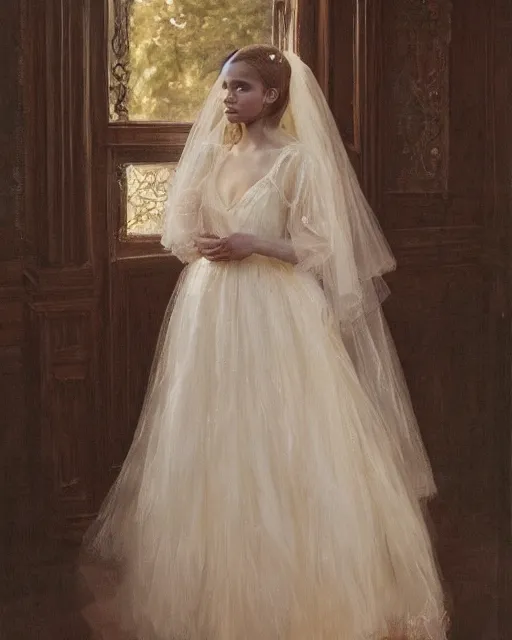 Image similar to a painting of a girl resembling alicia vikander or millie bobby brown in a wedding dress, highly detailed, intricate, artstation, concept art, by donato giancola