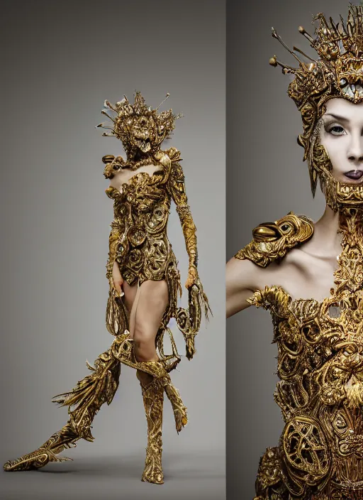 Image similar to a portrait of female model by stefan geselle and nekro borja, photorealistic, intricate details, hyper realistic, fantasy, elegant, ornate metal gold headpiece, photorealistic, canon r 3, photography, wide shot, symmetrical features, wide angle shot, head to toe, standing pose, feet on the ground, studio background