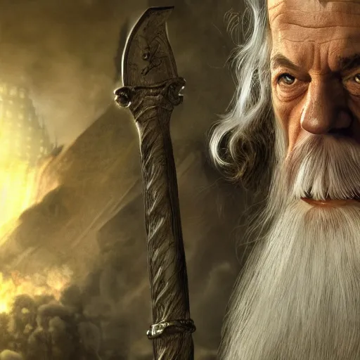 Image similar to gandalf attacks ancient athens, high detail shot, smoking, render, cgsociety, photorealism