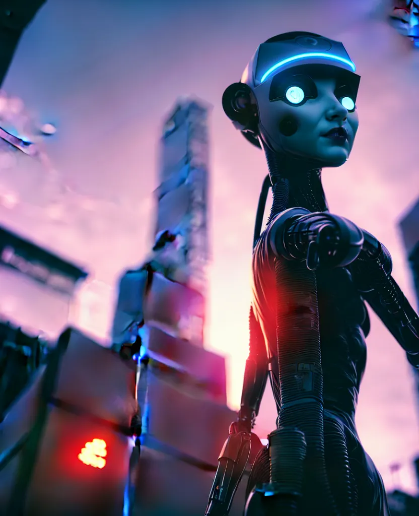 Image similar to a photo close up cyberpunk half robot half girl stands in a cyberpunk hiroshima, prefecture streets, sunset, photorealistic, cinematic lighting, very detailed, style by tomino - sama