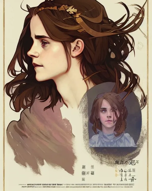 Image similar to Poster artwork, Emma Watson as Hermione Granger, medium shot, details, sharp focus, illustration, by Jordan Grimmer and Alphonse Mucha and greg rutkowski and PiNe(パイネ) and 薯子Imoko and 香川悠作 and maya takamura, intricate, beautiful, Trending artstation, pixiv, digital Art