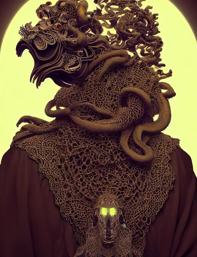 Image similar to 3 d goddess close - up profile portrait of cultist monk in hooded robe with ram skull. beautiful intricately detailed japanese crow kitsune mask and clasical japanese kimono. betta fish, jellyfish phoenix, bio luminescent, plasma, ice, water, wind, creature, artwork by tooth wu and wlop and beeple and greg rutkowski
