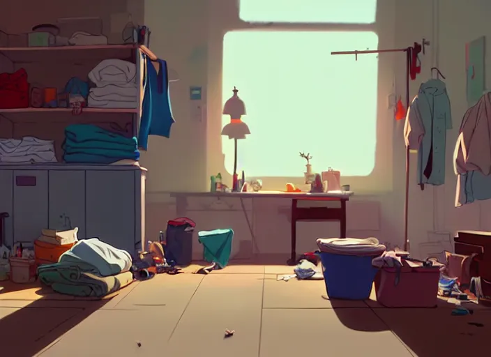 Image similar to an untidy room with laundry on the floor, detailed, by cory loftis, james gilleard, atey ghailan, makoto shinkai, goro fujita, studio ghibli, plain background