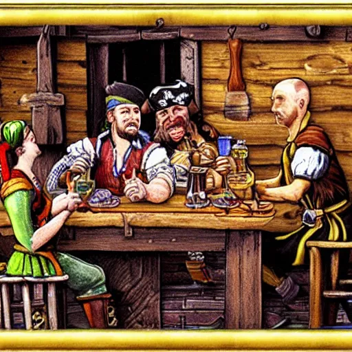 Image similar to Three important pirates drinking grog in a tavern table 16 bit computer art