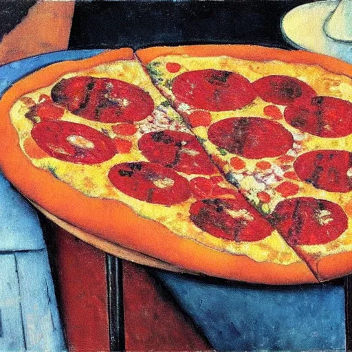 Prompt: Modigliani painting of a pizza magaritha on a garden table
