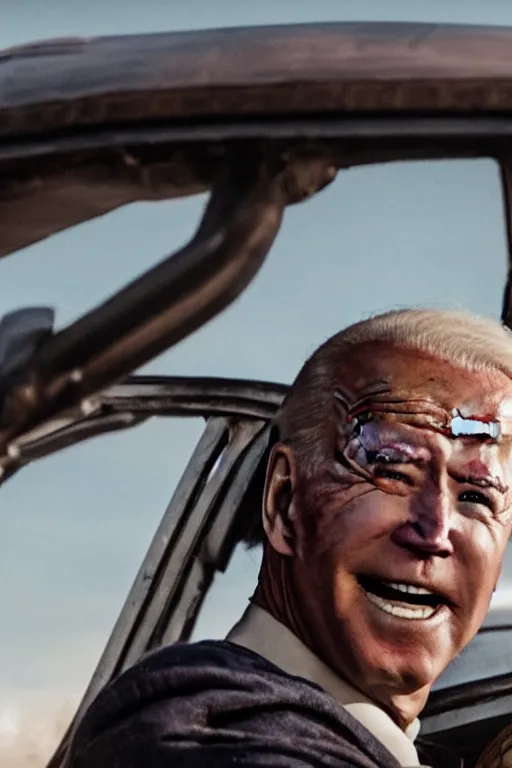 Image similar to [a still of Joe Biden in the movie Mad Max (2015), 4k, HD, high quality, octane]