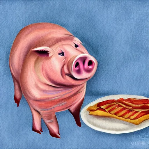 Prompt: a pig eating a rasher of bacon. detailed, realistic, digital painting,