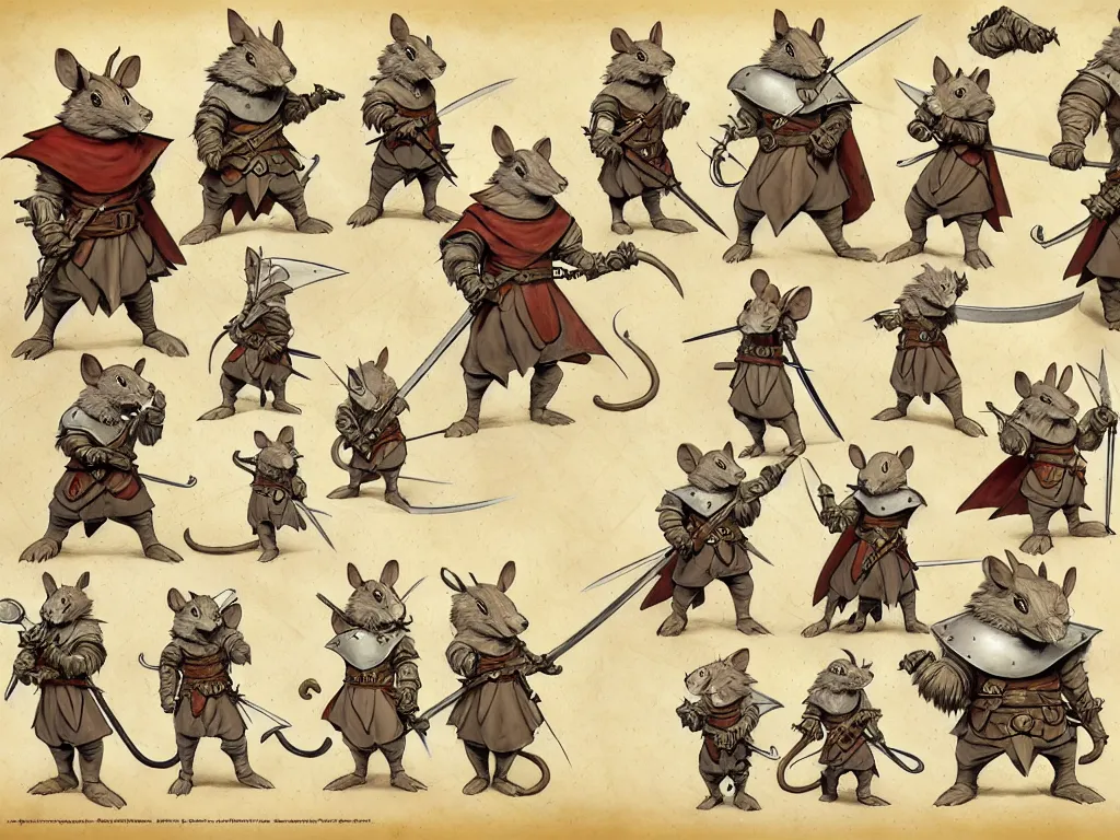 Image similar to character design sheet for a heroic mouse knight with sword and shield on a parchment background, redwall, greg rutowski and jean baptiste monge, very very detailed, epic fantasy concept art