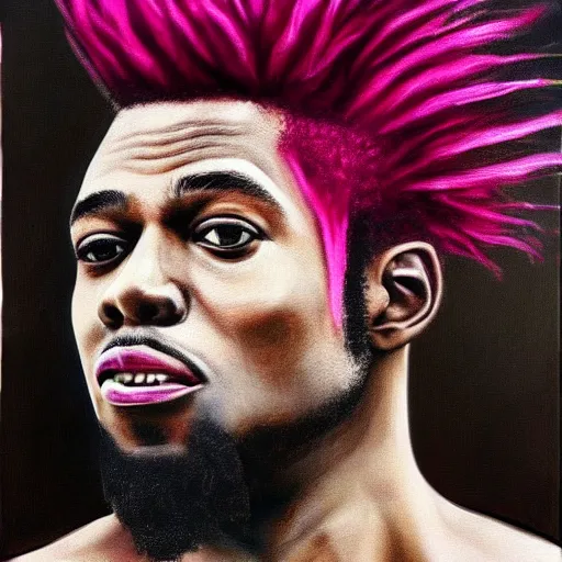 Prompt: a portait of a human being that looks like a mix of kanye west, brad pitt, michael jackson, and the grim reapper, with pink hair and gold teeth in the style of oil on canvas,