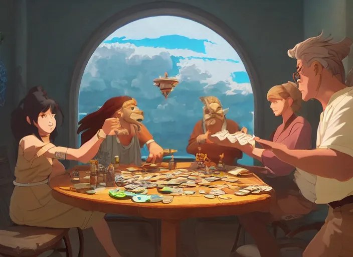 Prompt: friends playing rol games d & d around a table, eating chips and throwing 2 0 side dices. tim hildebrandt, studio ghibli, octane render, digital art, trending on artstation, beautiful composition,