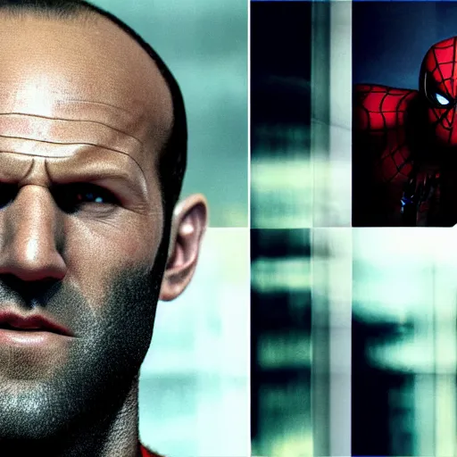 Image similar to jason statham as unmask spiderman, rain background, an film still