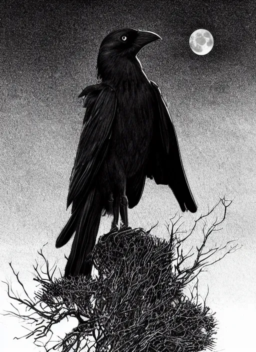 Image similar to portrait, A crow in front of the full big moon, book cover, red white and black colors, establishing shot, extremly high detail, foto realistic, cinematic lighting, pen and ink, intricate line drawings, by Yoshitaka Amano, Ruan Jia, Kentaro Miura, Artgerm, post processed, concept art, artstation, matte painting, style by eddie mendoza, raphael lacoste, alex ross