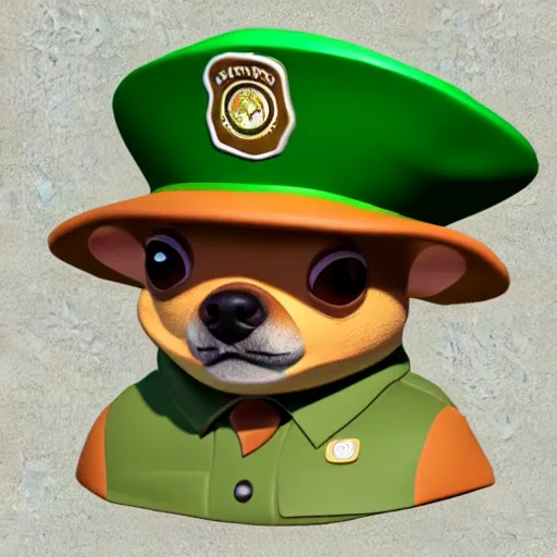 Image similar to park ranger chihuahua, 3 d model, tan and green uniform, tan fedora, brown and white fur, green and tan atv, 3 d model, cartoony, pixar style, artstation, unreal engine, in the rainforest, 4 k, ultra quality