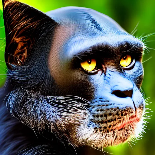 Image similar to a feline cat - chimpanzee - hybrid, animal photography