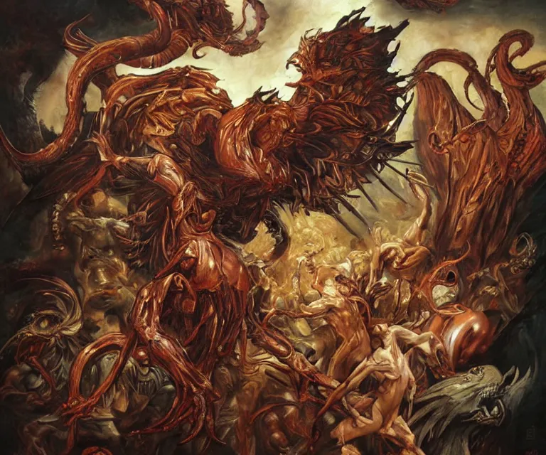 Image similar to elegant renaissance painting of rooster final boss bodybuilder vecna battle, art by alex ross and peter mohrbacher, epic biblical depiction, flesh and bones, fangs, teths and tentacles, corpses and shadows!