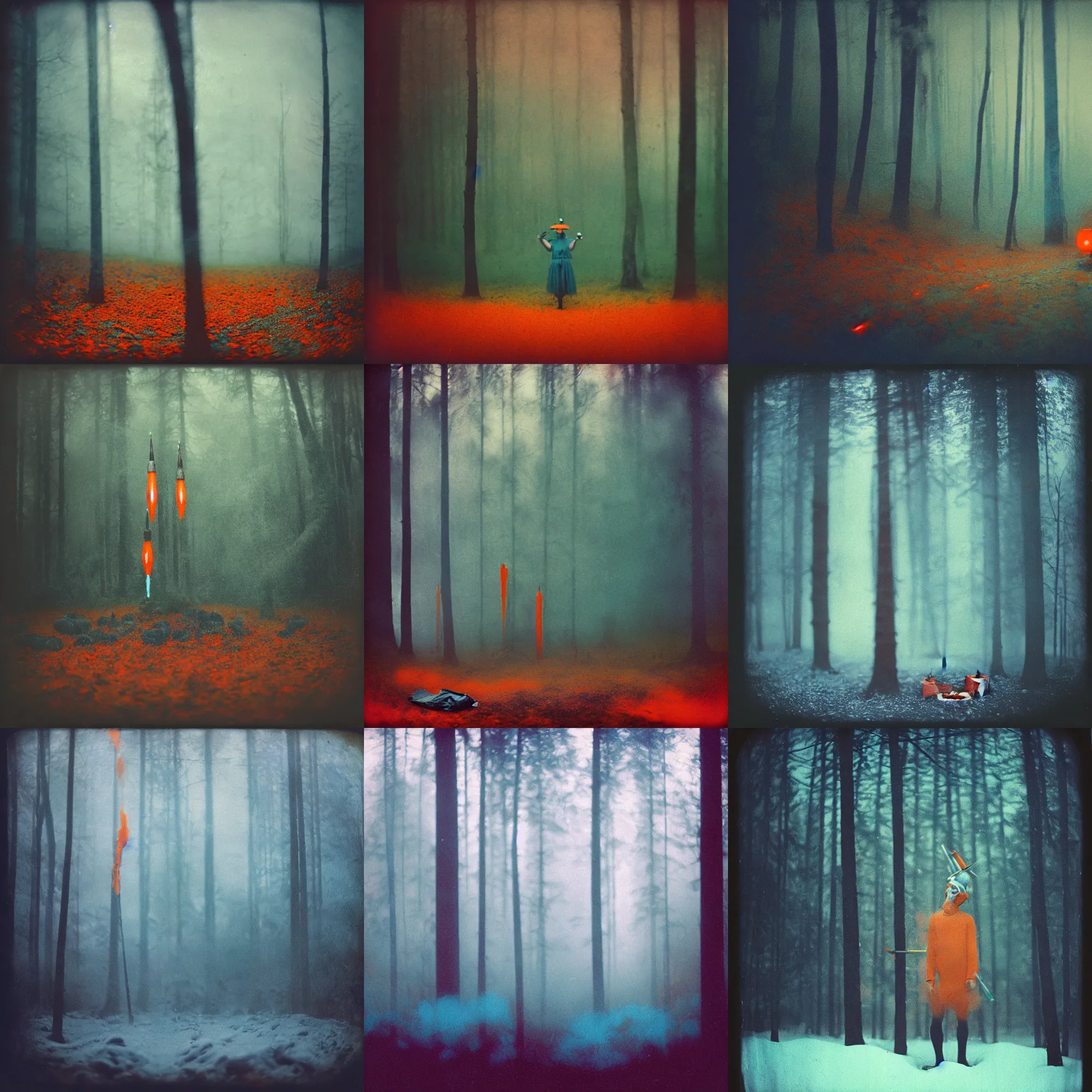 Prompt: kodak portra 4 0 0, wetplate, deep winter, muted colours, blueberry and orange and teal, forest, 1 9 2 0 s style, motion blur, portrait photo of a backdrop, explosions, rockets, bombs, fog, by georges melies and by britt marling