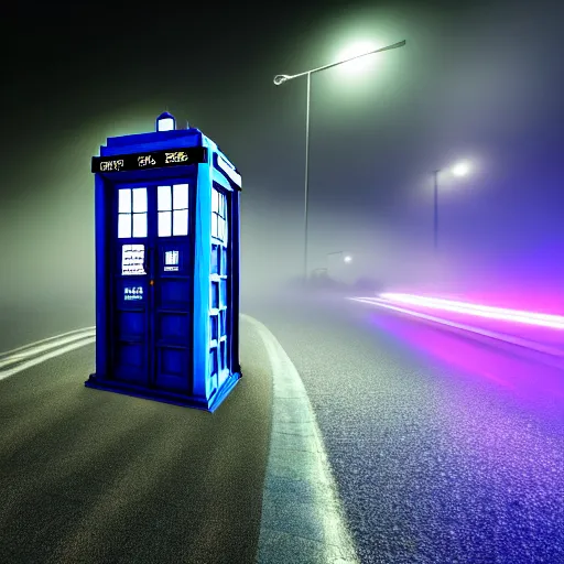 Image similar to a hyperdetailed photograph of the tardis sat on a futuristic street corner, night, dense fog, rain, hd, 8 k resolution