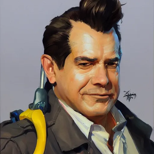 Image similar to greg manchess portrait painting of ghostbuster dr. raymond stantz overwatch character, medium shot, asymmetrical, profile picture, organic painting, sunny day, matte painting, bold shapes, hard edges, street art, trending on artstation, by huang guangjian and gil elvgren and sachin teng