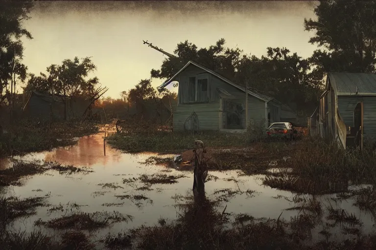 Image similar to scene from louisiana swamps, old protestant church with neon satanic pentagram, junkyard by the road, boy scout troop, voodoo artwork by tim eitel