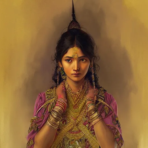 Image similar to A young nepalese woman wearing a nepalese outfit, very detailed face, gorgeous, beautiful, intricate, highly detailed, digital painting, artstation, concept art, sharp focus, illustration, art by greg rutkowski and alphonse mucha