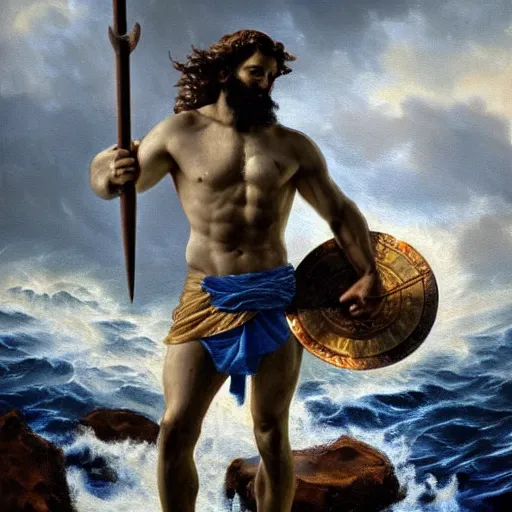 Image similar to poseidon standing at center frame back turned to the camera, holding a trident, with his back turned to the camera, a storm ahead, high res, oil painting, realistic, water, greek god, epic composition, masterpiece, award winning, low exposure