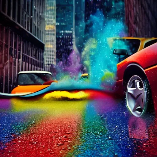 Image similar to hyperrealistic explosions of a expensive, colorful sports car, the explosions is made out of colorful particles, the scene is set in a seedy new york of 1 9 8 0 s, the weather is rainy and the street full of puddles, the puddles and buildings are reflecting the explosion
