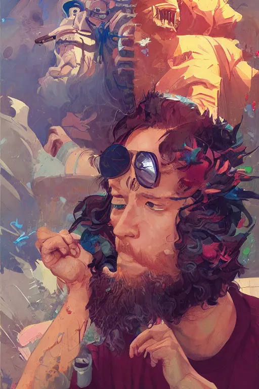 Image similar to portrait of a stoner, tooth wu, dan mumford, beeple, wlop, rossdraws, james jean, marc simonetti, artstation giuseppe dangelico pino and michael garmash and rob rey and greg manchess and huang guangjian and makoto shinkai