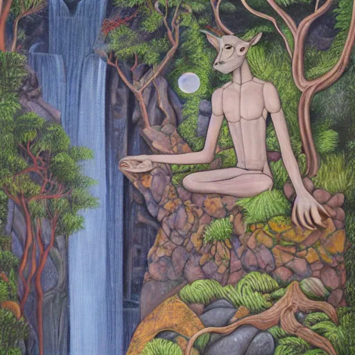 Prompt: an anthromorphic wolf meditating near an african zen waterfall by amanda sage, oil on canvas, 8k