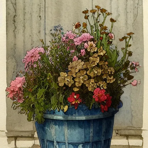 Image similar to a beautifull intricate watercolor painting of potted planter with flowers inside sitting on wet sidewalk, reflexions, high details by william turner art, greg rutkowski and alphonse mucha, trending on artstation, very very detailed, masterpiece,