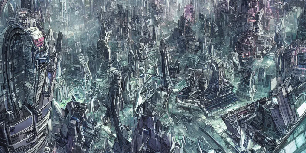 Prompt: futuristic city in style of mobius, comic art, highly detailed